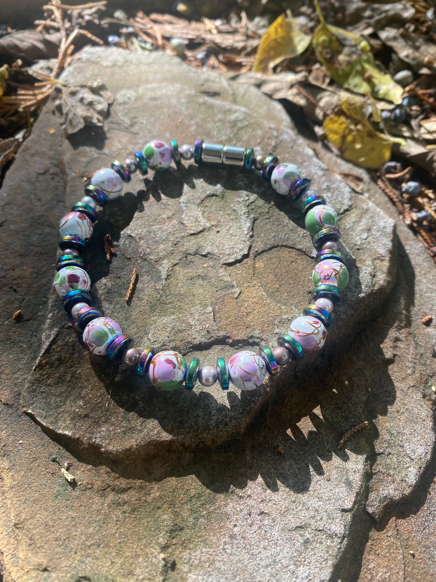 White Picasso Hematite Magnetic Bracelet