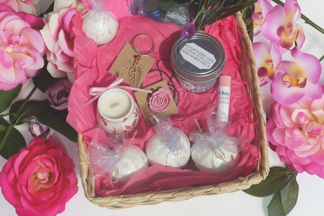 Pamper yourself box set with candles, soap, and flowers on a pink background