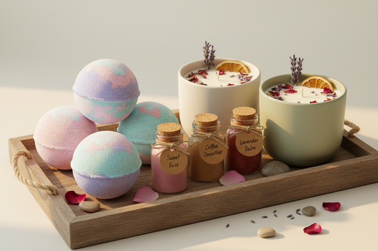 Pamper kit with home made bath bombs lip mix candles 